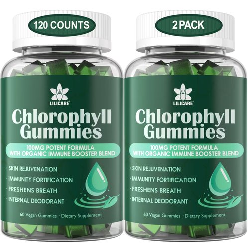 Sugar Free Chlorophyll Gummies - with Unfiltered ACV, Sea Moss & Elderberry, Echinacea, Vitamin D3, C, E, B12 - Natural Deodorant, Breathe Fresh, Immune & Digestion Support, Chlorophyll Chews 2Pack