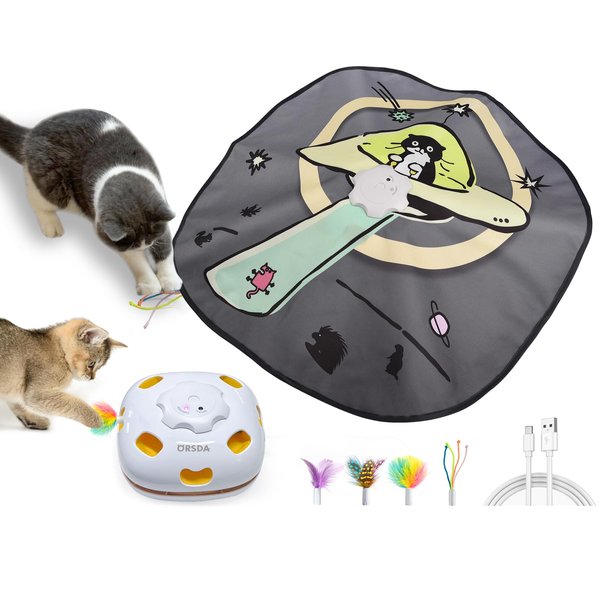 ORSDA Cat Toy, Chargeable 4-in-1 Interactive Kitten Toys for Indoor Cats Self Play, Hide and Seek, Cat Wand Toy, Whack a Mole Exercise Cat Toys with 3Pcs DIY Replacement Feathers (Space Cat)