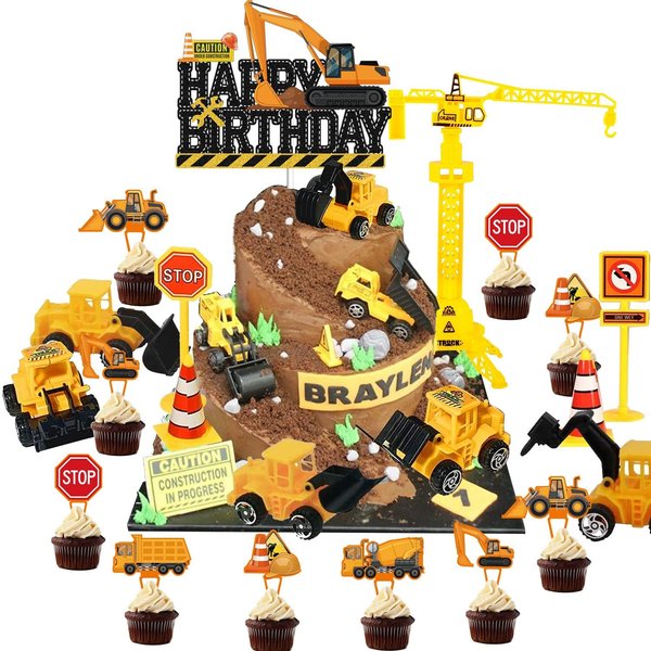 JUYRLE Construction Cake Topper- 25PCS Vehicles Cake Decoration Set with Traffic Road Sign, Excavator, Tower Crane, Construction Theme Birthday Party Supplies Gift for Boys Kids