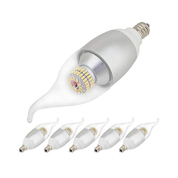 LEDwholesalers High-Output Candelabra E12 Base Omnidirectional 6W LED Light Bulb with Flame Tip (6-Pack), Warm White, 1031WWx6