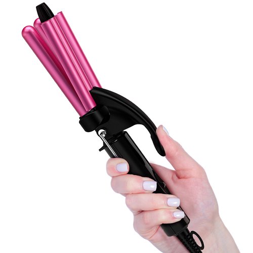 FARERY 1/2 Inch Mini Hair Crimper Iron for Beach Waves - 3 Barrel Curling Iron with Keratin & Argan Oil, Dual Voltage, Pouch Bag