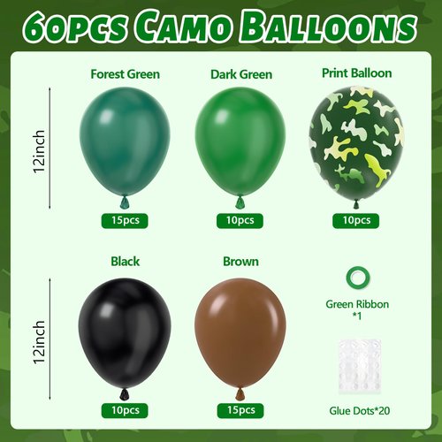 60pcs 12inch Camo Balloons, Green and Brown balloons with Dark Green Black Balloons for Hunting Camping Game Jungle Theme Camo Birthday Party Decorations