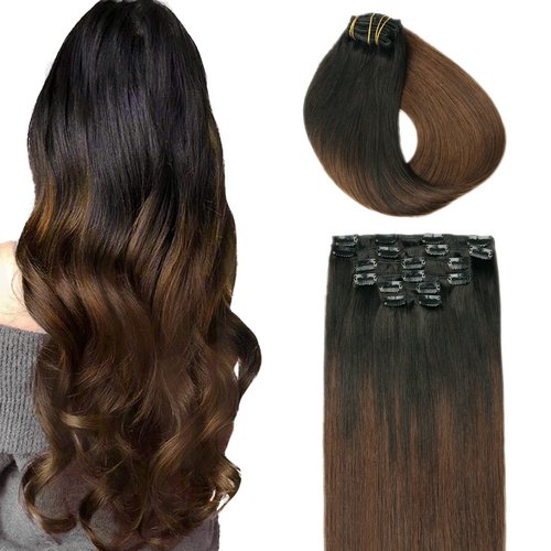 SURNEL Clip in Human Hair Extensions Natural Black to Chocolate Brown 16 Inch 6pcs 100g Clip in Hair Extensions Double Weft (#1BT4,16'')