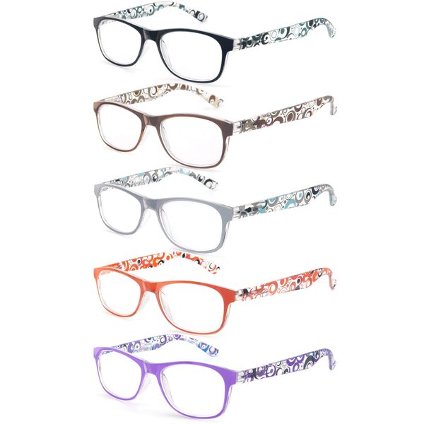 OLOMEE Reading Glasses Women +1.50 Floral Print Square Women's Readers Cheaters Glasses 5 Pack W/Spring Hinge Lightweight Comfortable Fit