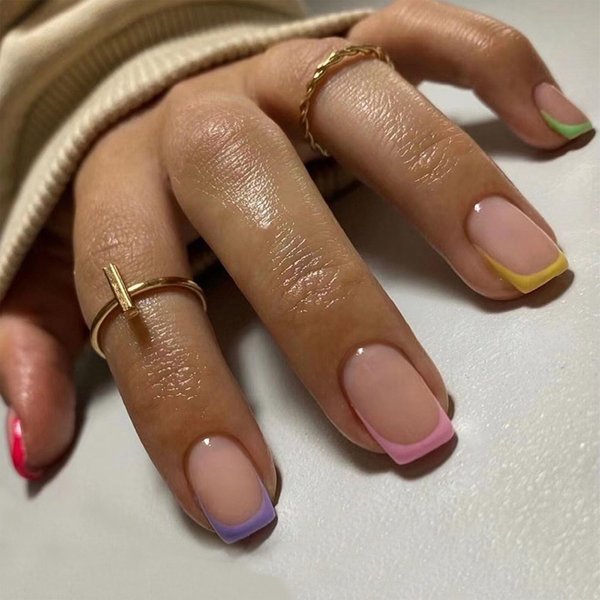 Square Press on Nails Short Cute Rainbow Color French Tip Nails Acrylic False Nails with Designs Artificial Nails Press ons Reusable Glue on Nails for Women and Girls 24 Pcs
