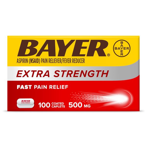 Bayer Extra Strength Aspirin 500 mg, Pain Reliever and Fever Reducer, Head, Muscle, Minor Arthritis, Back, Tooth, and Menstrual Pain, 100 Coated Tablets