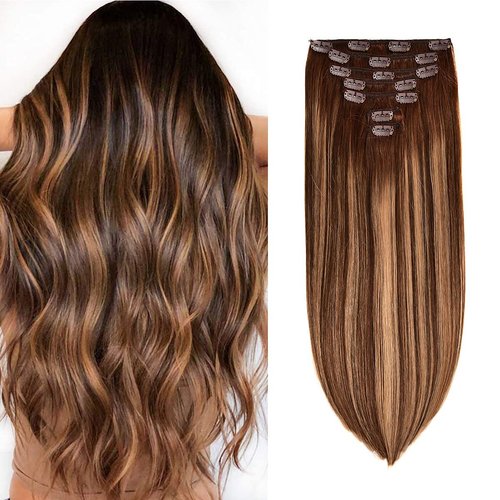 Clip in Hair Extensions Real Human Hair 120g 7pcs Human Hair Clip in Extensions 16 Inch Chocolate Brown Mixed Caramel Blonde #4/27/4 Thickened Straight Real Hair Extensions Clip in Human Hair