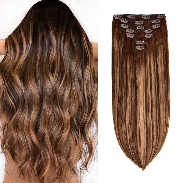 Clip in Hair Extensions Real Human Hair 120g 7pcs Human Hair Clip in Extensions 16 Inch Chocolate Brown Mixed Caramel Blonde #4/27/4 Thickened Straight Real Hair Extensions Clip in Human Hair