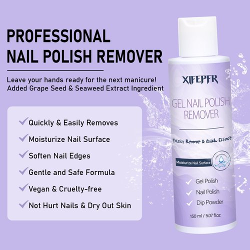 XIFEPFR Gel Nail Polish Remover Kit, 5.07fl.oz Gel Polish Remover, 10pcs Nail Polish Remover Clips, 500PCS Cotton Pads, Pump Bottle, Nail File Buffer Cuticle Peeler Pusher, Soak Off Gel Polish Remover