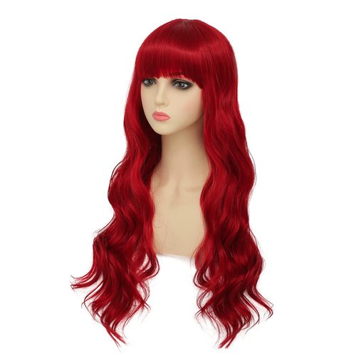 Dai Cloud Red Wigs with Bangs for Women Long Curly Wavy Synthetic Women wig Cosplay Daily Party Hair Halloween Wigs