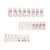 SINHOT Square Press on Nails Long Squoval Fake Nails Glossy Glue on Nails Rose Acrylic Nails Gold Line Artificial Nails White Pearls Stick on False Nails with Design 24 pcs