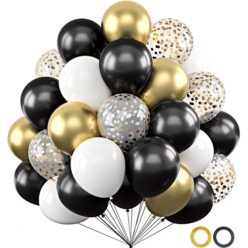Gold and Black Balloons, 50 PCS 12 Inch Gold Confetti Latex Balloon for Girls Birthday Graduation Anniversary Wedding Party Decorations