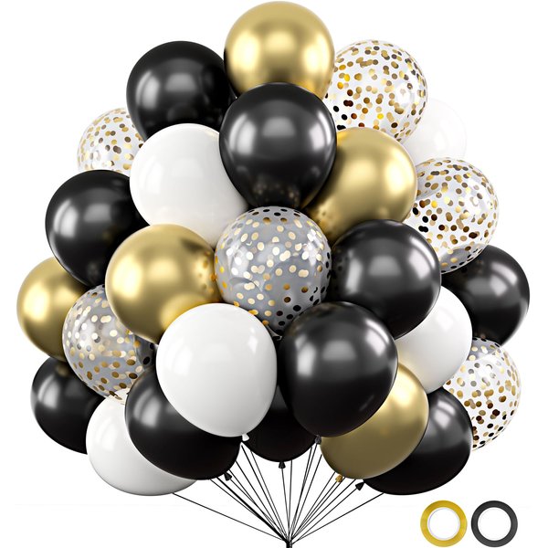 Gold and Black Balloons, 50 PCS 12 Inch Gold Confetti Latex Balloon for Girls Birthday Graduation Anniversary Wedding Party Decorations
