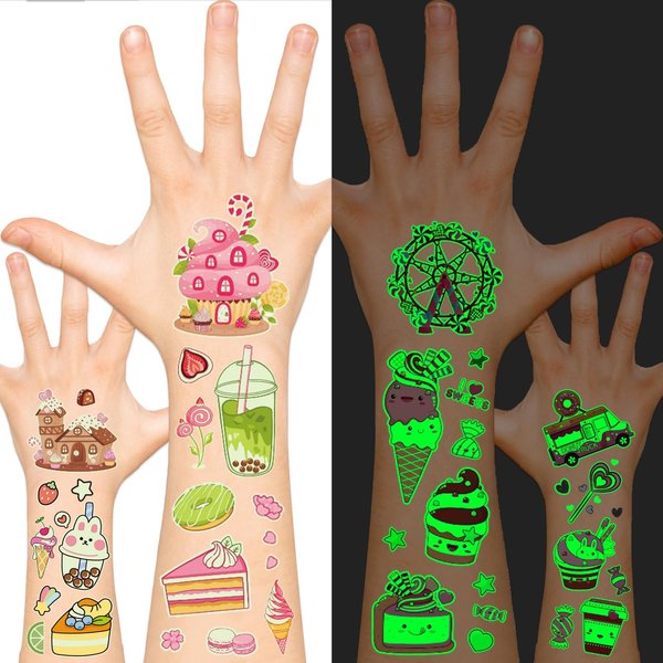 EMOME 150 Styles Glow Ice Cream Tattoos Stickers, Kids Tattoos Temporary for Candyland Birthday Party Decorations, Ice Cream Themed Party Decorations Favors Accessories Games Gifts (12 Sheets)