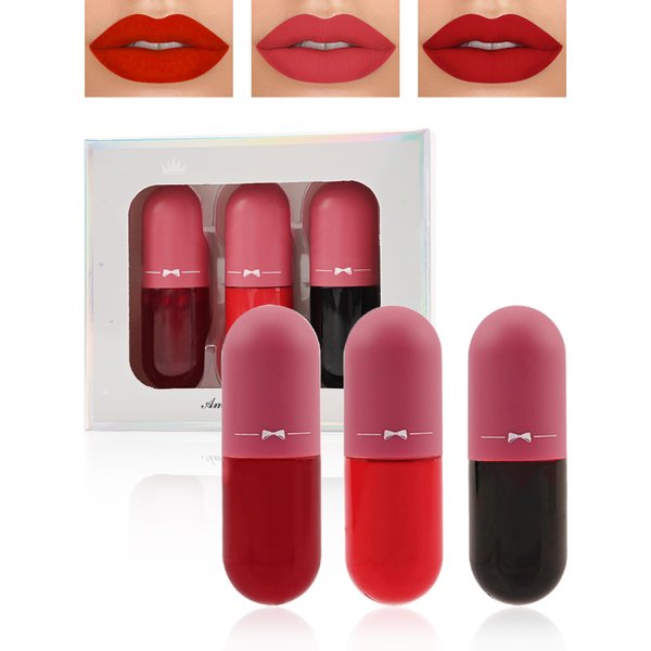 Lip Tint Stain Mini Liquid Lipstick-3Pcs Non-Stick Cup Dark Deep Ruby Red Lip Tint, High Pigment Lightweight, Matte Finish Lip Stain, Hydrating Lip Glow Oil, Lipstick Lip Gloss Set for Women-Set C