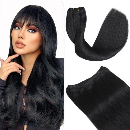 Sindra Hair Wefts Human Hair Sew in Hair Extensions 22Inch Jet Black Hand Tied Weft Hair Extensions Human Hair Sew in Bundles Double Weft Silky Straight Remy 100G(weft#1 22inch)