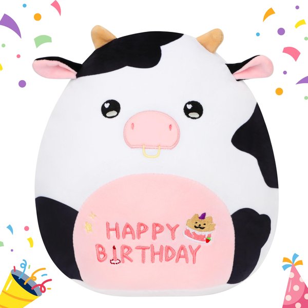 Easfan Birthday Cow Plush Pillow Soft Plush Toy, Cute Stuffed Animal Home Room Decoration Birthday Gifts for Kids Toddlers 12"