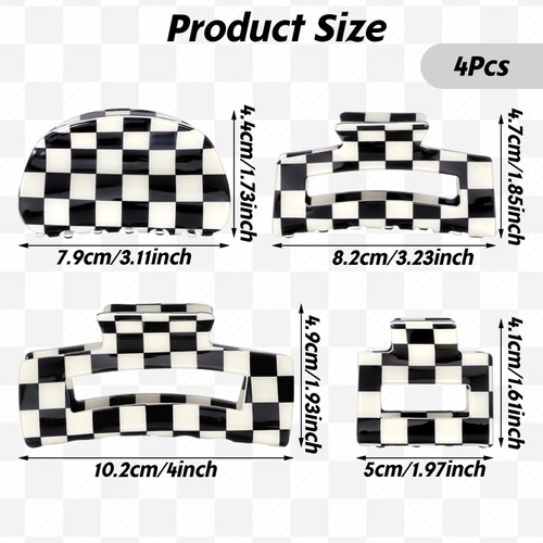 4Pcs Checkered Hair Claw Clips, Non Slip Hair Jaw Clip for Thick Thin Curly Straight Long Hair, Simple Style Black and White Square Claw Clips for Women's Hair Accessories