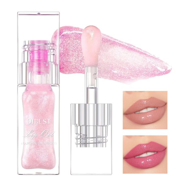 Color Changing Lip Oil,Moisturizing Magic Big Brush Color Changing Lip Gloss,Warm Change Long Lasting Nourishing Lip Glow Oil Non-sticky Primer Lip Tint（Clear to Pink）