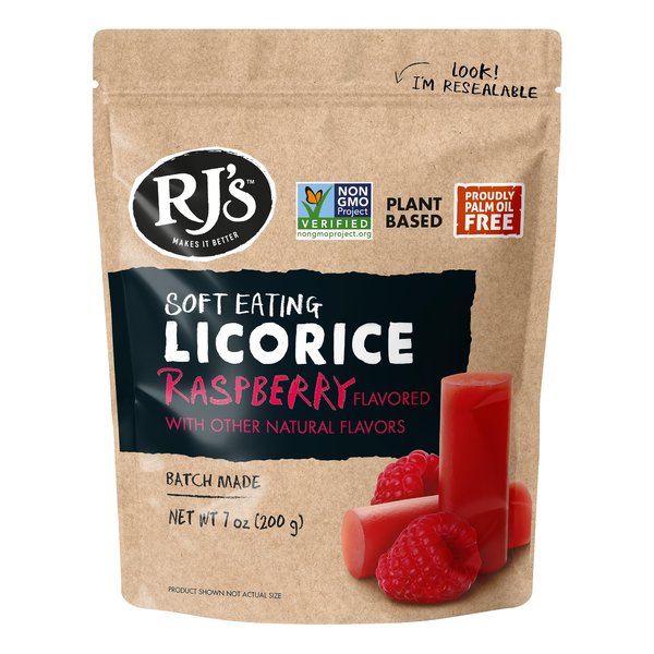 Soft Eating Raspberry Licorice - RJ's Licorice 7.05oz Bag - NON-GMO, NO HFCS, Vegan-Friendly & Kosher - Batch Made in Australia