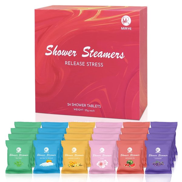 MR MIRYE Shower Steamers Aromatherapy for Women and Men, 24-Pack Organic Shower Bombs with Essential Oil, Rose, Watermelon, Tea Tree, Orange & Vanilla, Sea Salt, Lavender Mothers Day Gifts for her