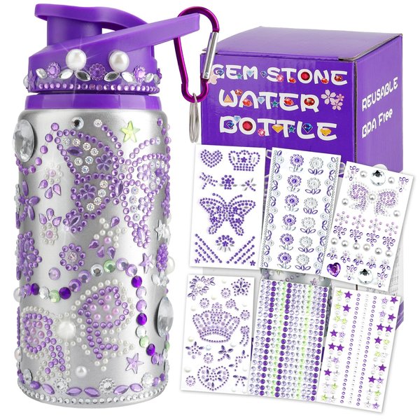 Gift for Girls, Decorate Your Own Water Bottle, Girls Water Bottles for School, Kids Water Bottle, Jewel Stickers for Kids Crafts, Stickers for Kids, Christmas Gifts for Girls Age 6 7 8 9 10（Purple）