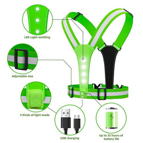 ConKrian LED Reflective Vest USB Rechargeable Running Gear Night Light up Vest Safety Gear Adjustable Elastic Size Night Running LED VES for Men/Women/Child (Green)