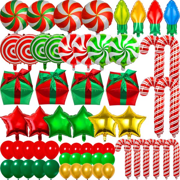 64 Pcs Christmas Foil Balloons Decoration Set,Candy Cane Gift Box Swirl Mylar Christmas Party Balloons,Red Green Balloons for Christmas New Year Candies Xmas Theme Party Decorations