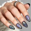 GLAMERMAID Press on Nails Short Almond, Handmade Rainbow Black Cat Eyes Gel Nails Polish Glue on Nails, Glossy Reusable UV Finish Fake Nails Acrylic False Nails Manicure Kit for Women Gift