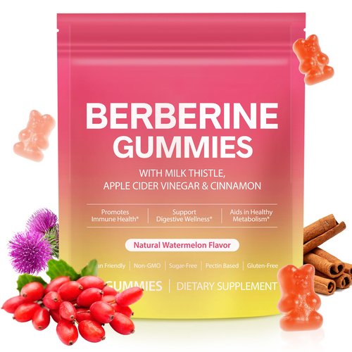 Berberine Comples Gummies with Ceylon Cinnamon, Milk Thistle, ACV, Sugar Free Berberine Supplement for Metabolism, Energy, Gut Health, Fasting Body Mass Control, Vegan, Gluten-Free Watermelon Flavor