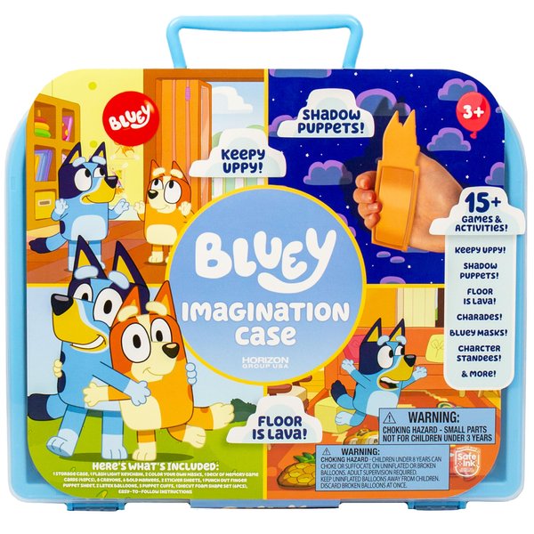 Bluey Imagination Case, 15 Games & Activities, Travel-Friendly Bluey Playset With Markers, Crayons, Balloons, Puppets & Games for 3 Year Olds, Fun Bluey Toys & Toddler Games, Bluey Party Decorations