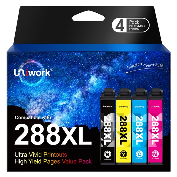 Uniwork 288XL Ink Cartridges Remanufactured for Epson 288 Ink Cartridges Combo Pack High Yield to use with XP-440 XP-330 XP-340 XP-430 XP-446 XP-434 Printer (4 Pack, T288 T288XL with Latest Chip)