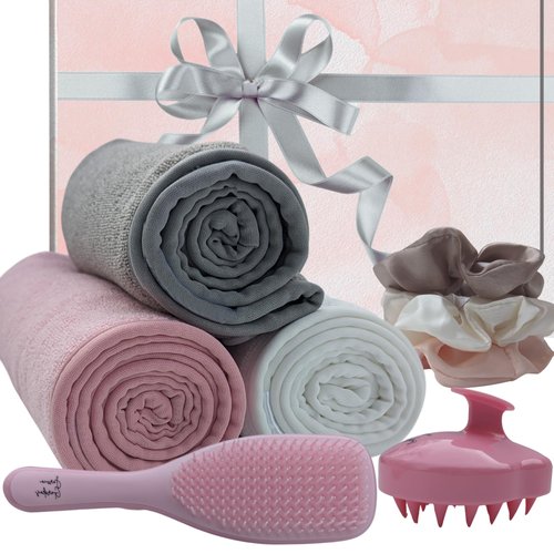 Hair Care Set 8 Pieces: Detangler Brush, 3 Microfiber Hair Towels, 3 Satin Scrunchies, Scalp Massager Shampoo Brush - For Curly Girl or Straight Hair