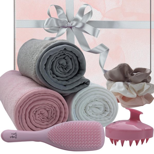 Hair Care Set 8 Pieces: Detangler Brush, 3 Microfiber Hair Towels, 3 Satin Scrunchies, Scalp Massager Shampoo Brush - For Curly Girl or Straight Hair