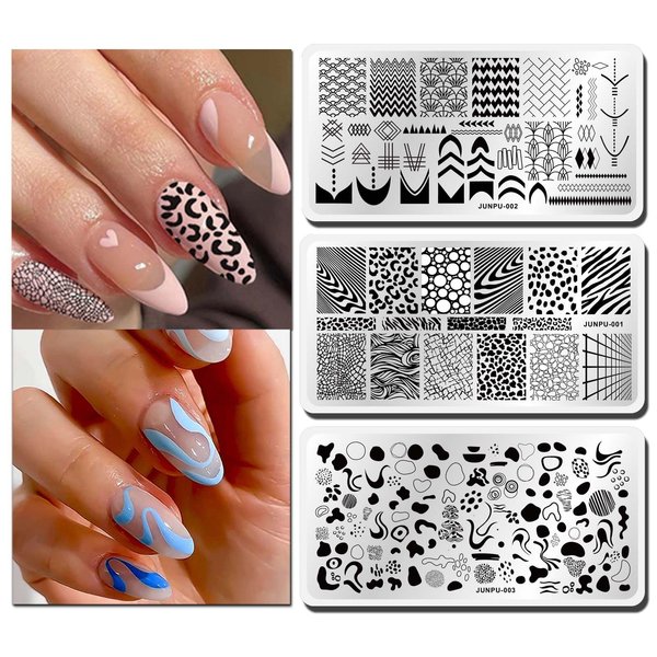Geometric Nail Stamping Plate French Nail Stamper Kit, 3pcs Nail Stamp Plates Leopard Stripes Line Graffiti Nail Stamper Templates Plaid Print Nail Stencils Stainless Steel Nail Image Plates 12×6cm