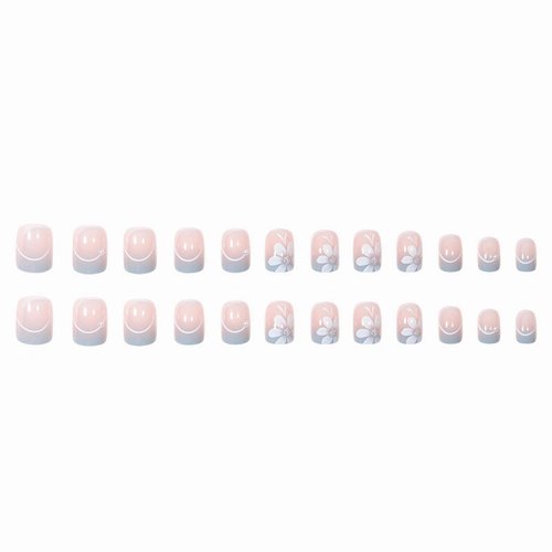 MERVF Short Press on Nails Square Fake Nails Blue French Tip Squoval Glue on Nails with Flower Design 24pcs Glossy Ombre Artificial Acrylic Nails for Women