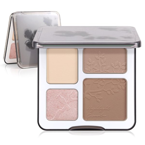 Boobeen 4 in 1 Highlighter Contour Makeup Palette, Matte Shimmer Glow Contouring Powder for Face Highlight, Shaping Contour, Bronzer Palette with Mirror