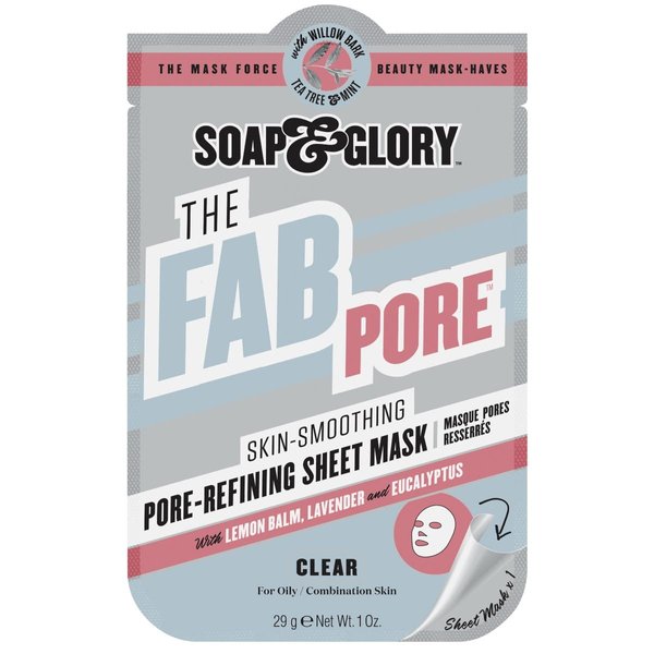 Soap & Glory The Fab Pore Pore-Refining Sheet Face Mask for Oily Skin - Tea Tree + White Willow Bark to Draw Out Impurities + Smooth Skin - Pore Minimizing Sheet Mask (1 oz)