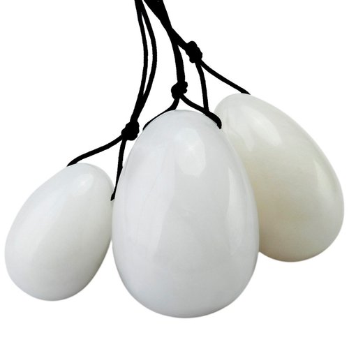 rockcloud White Jade Set of 3 Drilled Yoni Eggs with String, Massage Stones for Women to Train Pelvic Muscles Kegel Exercise
