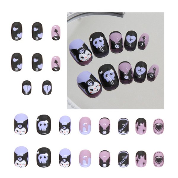 Generic 24PCS Black Rabbit Short Press on Nails,Black and Purple Press on Nails Short for Girls and Women,Fake Nails Kit with Glue Jelly Glue Stick Mini File and Wet Wipes