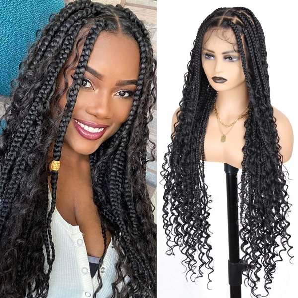QUISDUIS Boho Braided Wig 36 "360° HD Full Single-layer Lace Braid Wigs for Black Women Square Knotless Box Braid Wig with Baby Hair Handmade Synthetic Hair Blended Lace Front Wig Natural Black
