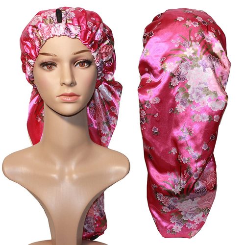 Extra Long Braid Hair Bonnet for Sleeping Satin Night Dreadlock Caps Bonnets for Black Women Braids,Shower Cap with Button (Rose Red Flowers)