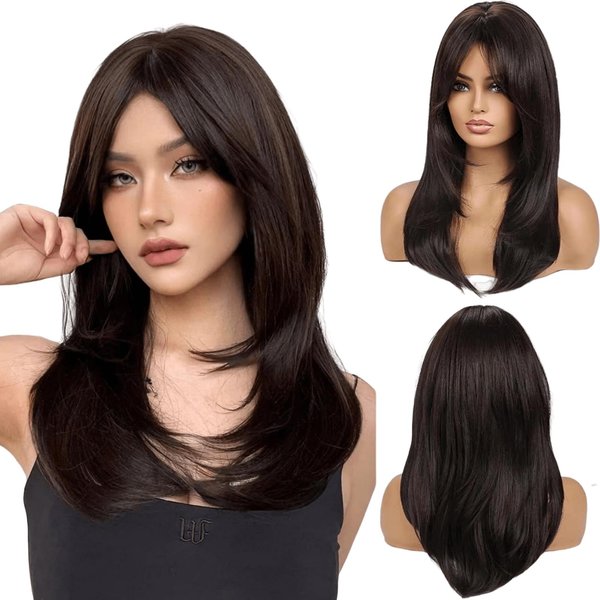 Long Black Wigs for Women 22 inches Women's Straight Wig black hair wig with Bangs, Natural color glueless Heat-Resistant Layered Synthetic Wigs for Daily Use (Black)