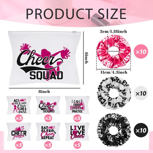 65 Pcs Cheerleader Gifts Bulk Cheer Makeup Bag Portable Sports Cosmetic Zipper Pouches Cheer Scrunchies Cheerleading Hair Ties Cheer Sticker Water Bottles Laptop Car Decal for Girls Women Teammates
