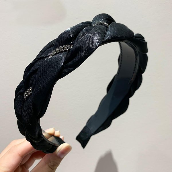 LONEEDY Cute Braided Velvet Wide Headband,Fashion Padded Twist Gold Point Thick Headband Black Hairband Hair Accessories for Women and Girls (Black-rhinestones)
