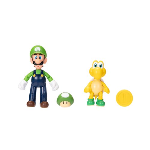 Super Mario Luigi and Koopa Troopa 4-Inch Action Figure 2-pack with 1-Up & Gold Coin Accessories, Action Figures Come with Up To 13 Points of Articulation