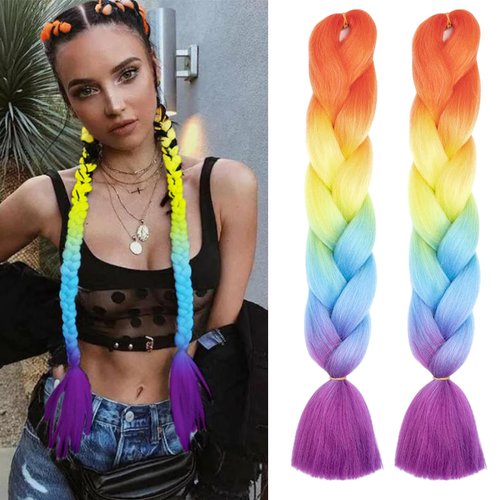 Pre Stretched Ombre Braiding Hair Extensions for Women Colored Rainbow Jumbo High Temperature Synthetic Fiber Hair Twist Crochet Braids 24 Inch Braiding Hair for Pride LGBTQ Cosplay Party Makeup