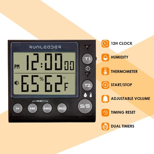 Runleader Digital Kichen Timer,Dual Count-Down & Count-up Tracking, Real-time Clock Display,Temperature and Humidity Record for Cooking Baking BBQ Gym Exam Meeting Personal Care.