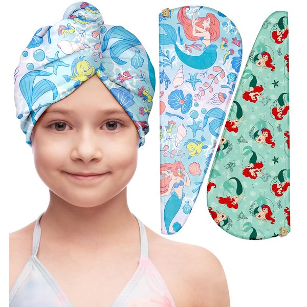 Akkya Microfiber Hair Towel Wrap for Kids Girls Women 2 Pack Drying Turban Towels for Wet Hair Quick Dry Head Wraps Cute Cartoon Mermaid Print
