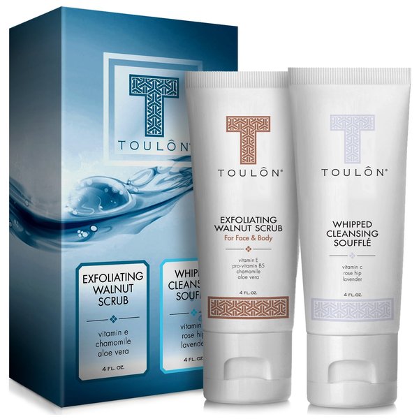 Exfoliating Scrub Set - Body Scrub Set - Skin Care Gift Set for Women & Men - Natural Spa Bath and Shower Kit with Exfoliating Walnut Body & Face Scrub & Anti Aging Face Cleanser for Gentle Face Wash